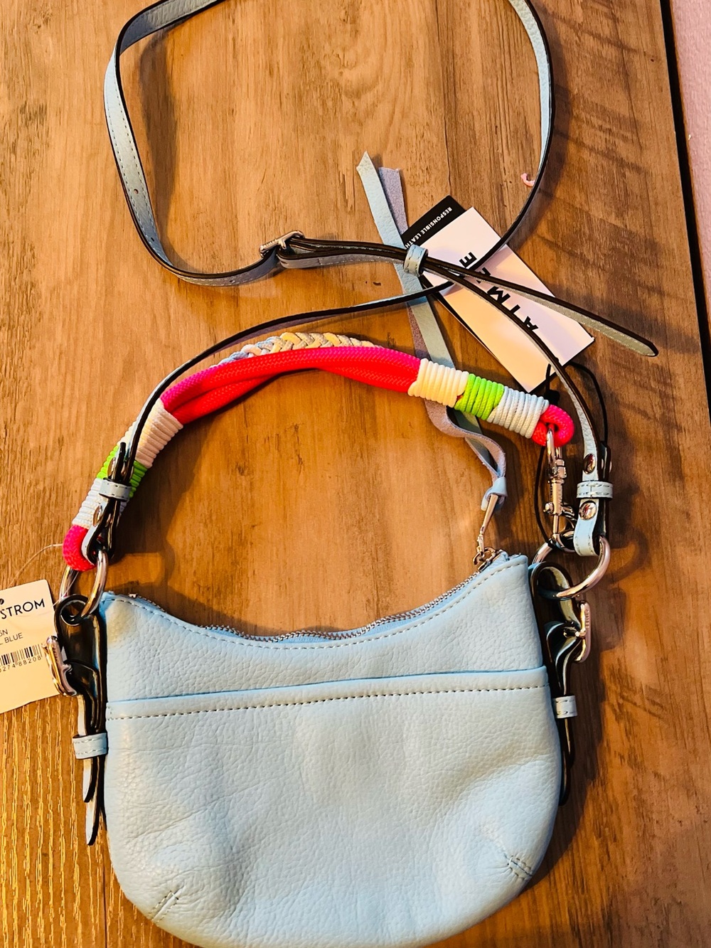 Aimee Kestenberg Light Blue Leather Crossbody with Multicolor Wrapped Handle